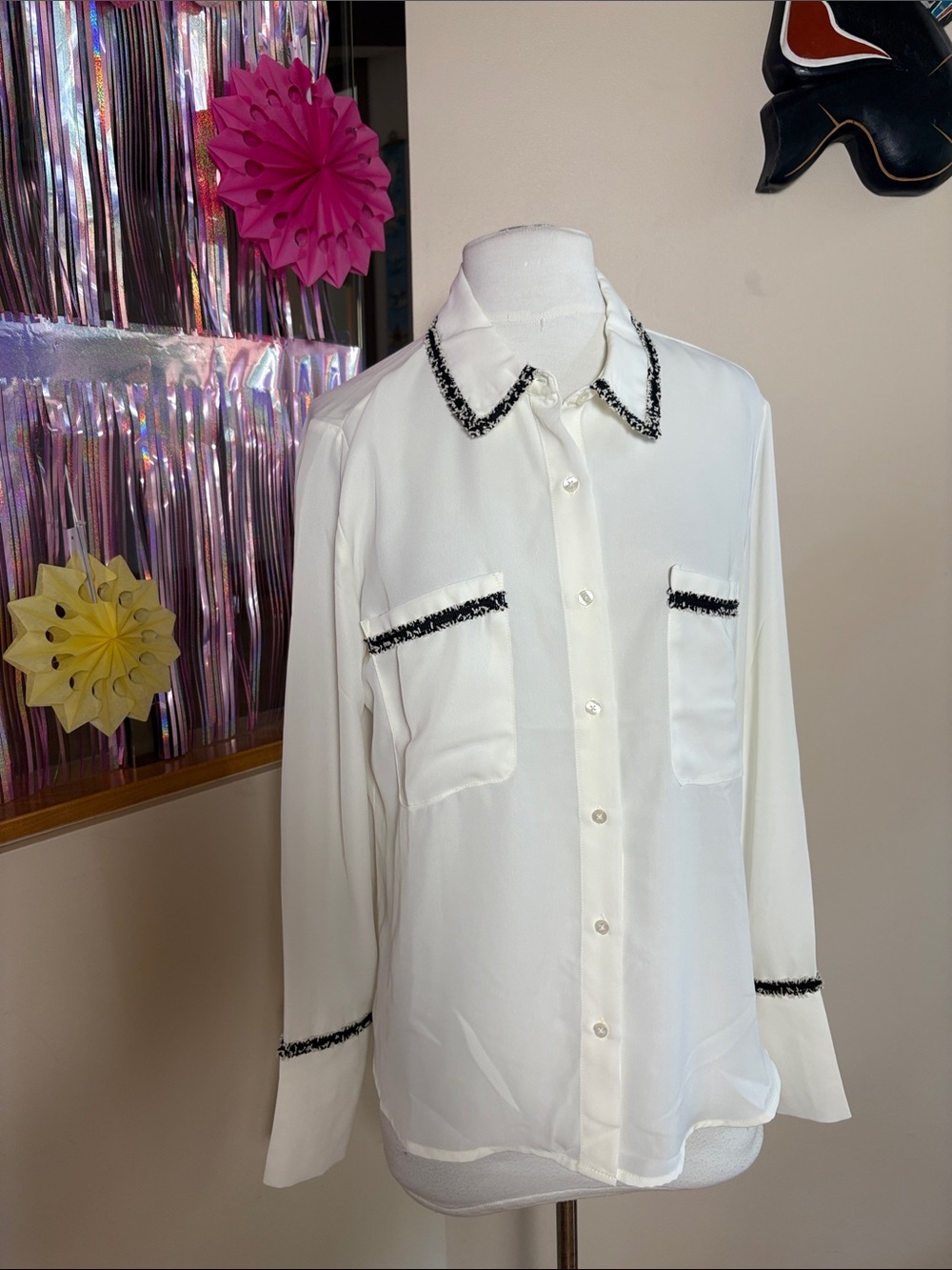 Laundry By Shelli Segal White Button-Down Blouse with Black Tweed Trim